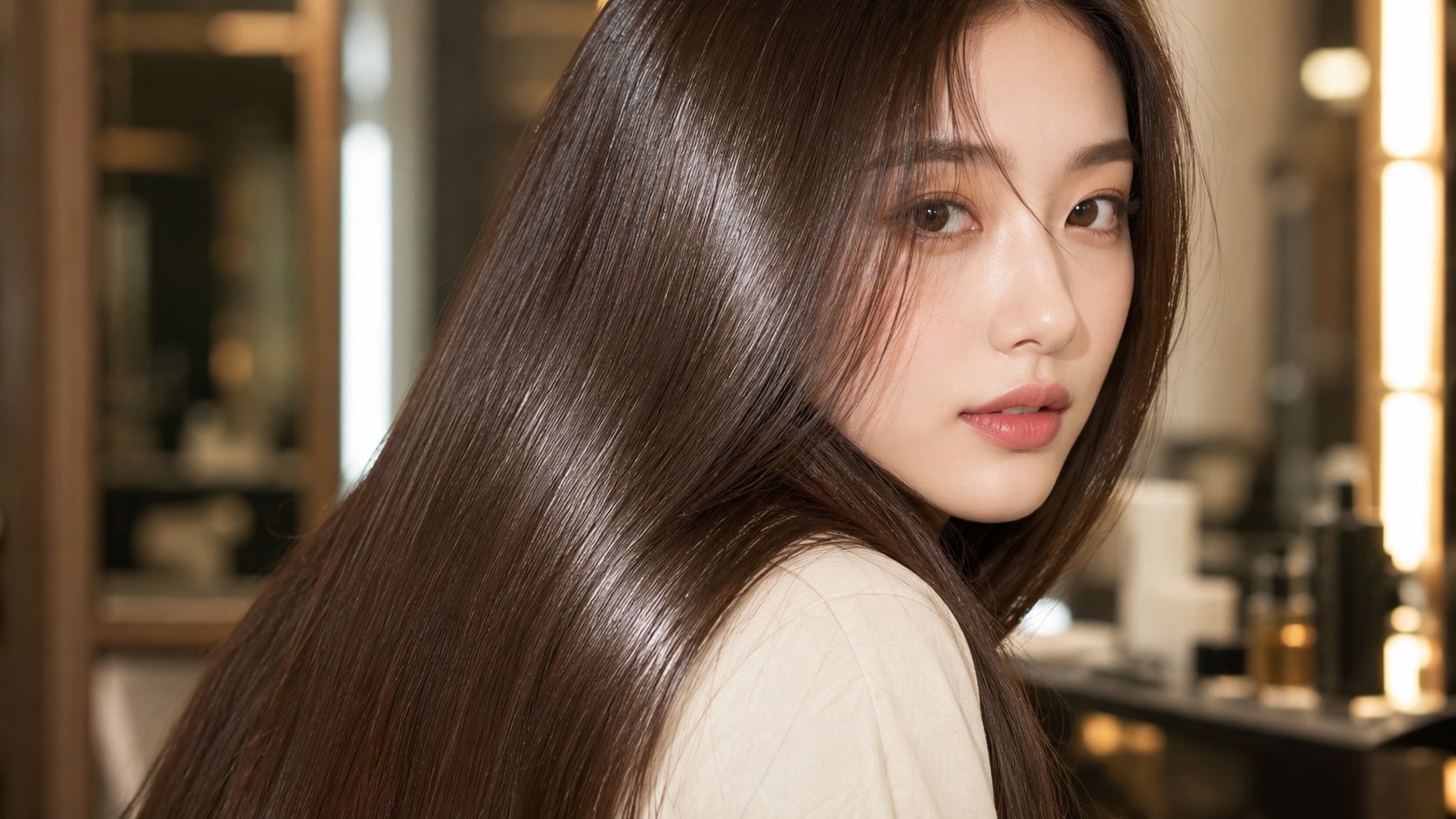 Woman with smooth, glossy dark hair in a salon